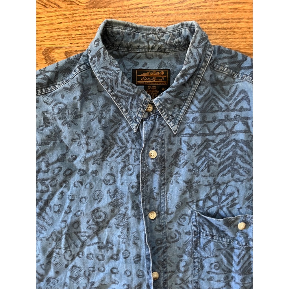 Eddie Bauer Vintage Linen Blend Tribal Print Short Sleeve Button Down Shirt XL